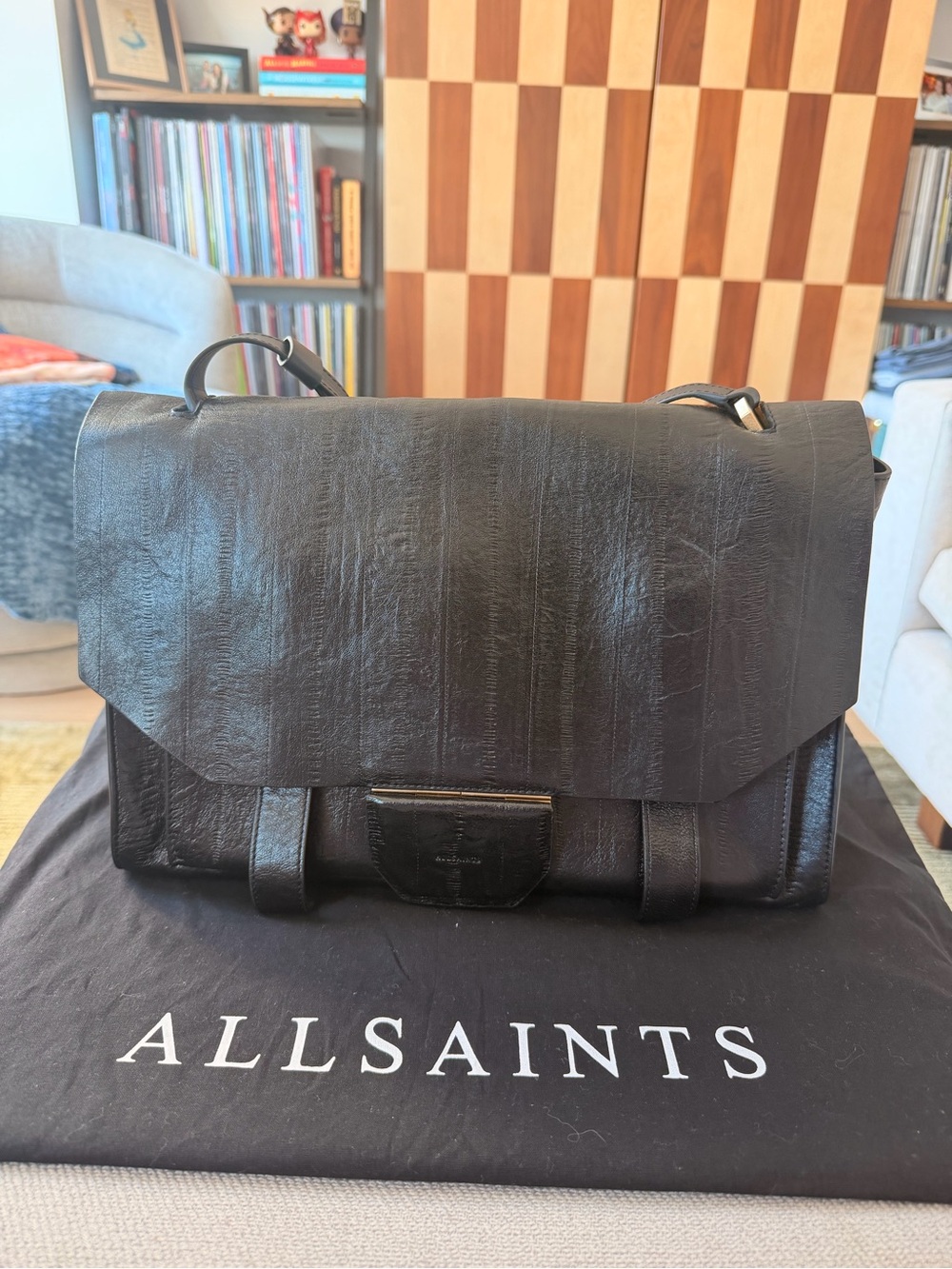All Saints Black Ursa Leather Shoulder Flap Bag